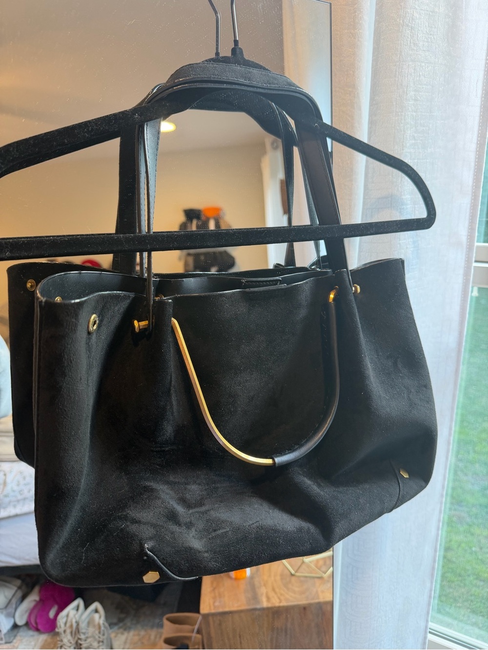 House of Harlow 1960 Black Suede Shoulder Tote with Gold Accents - Picture 2 of 5